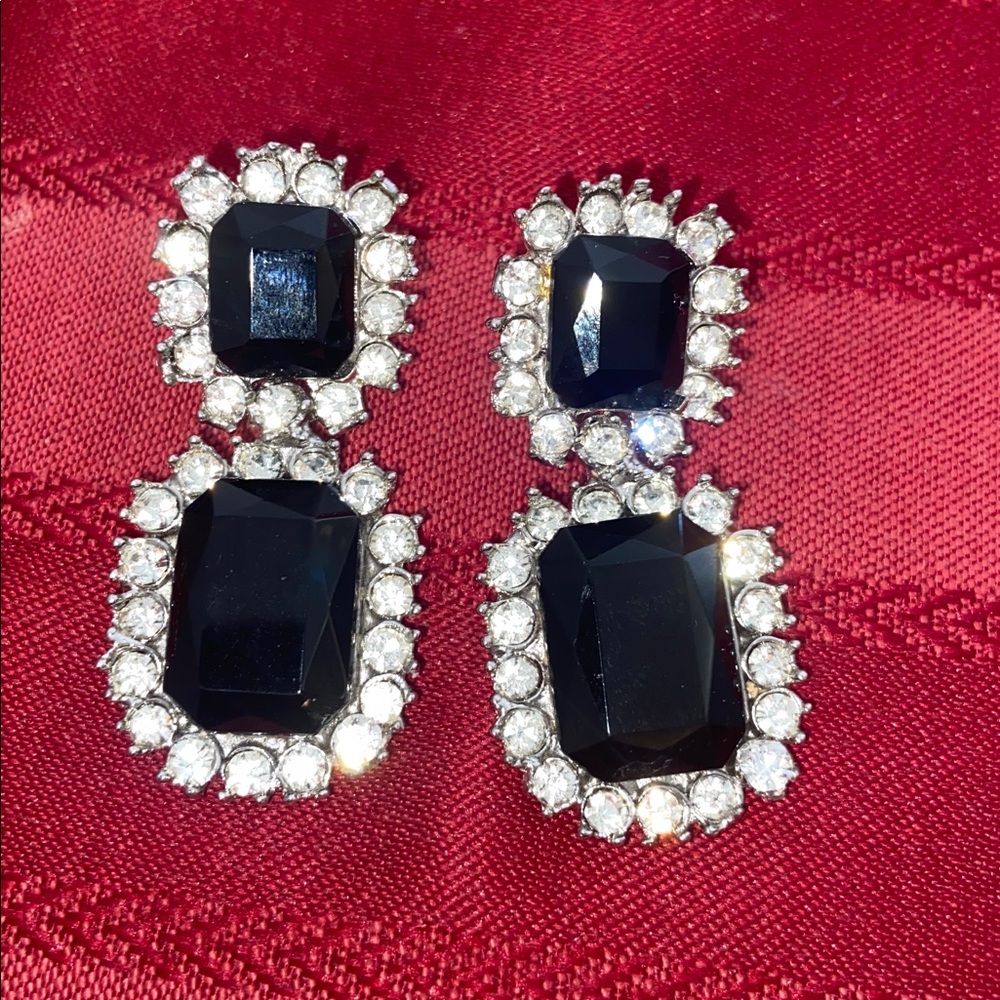 Vintage Black & Crystal Glass Rhinestoned ClipOn Earrings